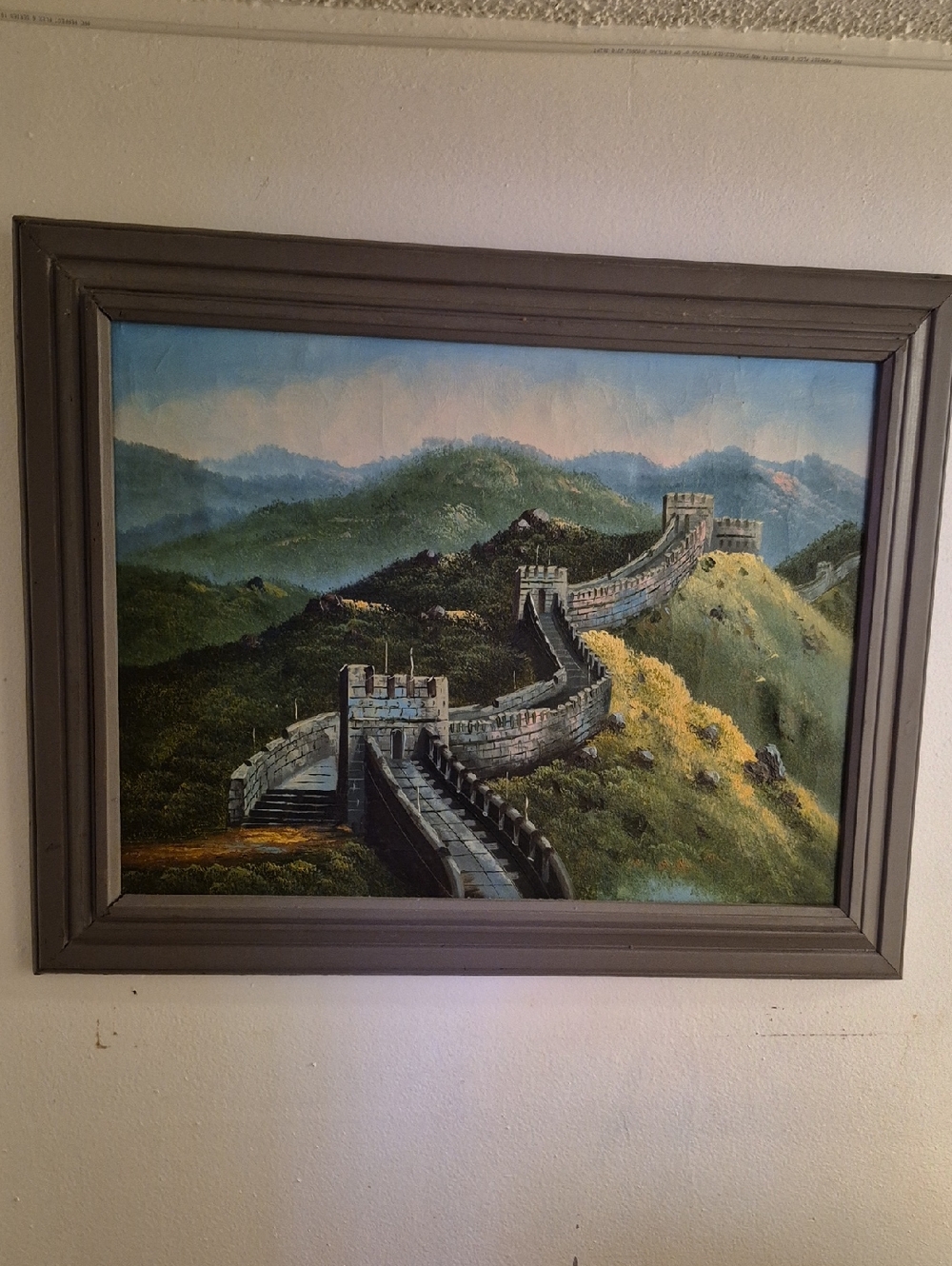 Large Framed Great Wall Landscape Painting in Green and Blue